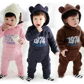

Newborn Baby Autumn Hooded Rompers Fleece Thick Winter boy's Girl's Jumpsuits Letter 1974 3 colors Infant Toddler baby clothes