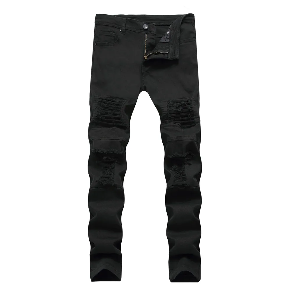 Мужские джинсы белые черные рваные байкерские джинсы с дырками женские облегающие скини рваные джинсовые брюки для мальчиков брюки для девочек - Цвет: Черный