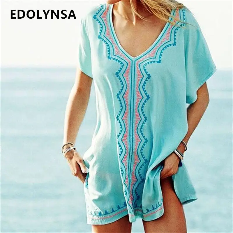 

Bohemian Embroidery Batwing Sleeve V Neck Mini Dress Sexy Green Short Sleeve Side Split Casual Dress Beach Tunic Beachdress N542
