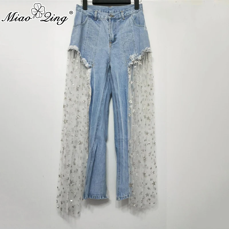 Malla Moda Miaoqing Estrella Azul Ropa Rasgados Vaqueros 2018 Sexy Otoño Transparente Denim Ancho Jeans Pantalones Mujer Patchwork De Pantalón czrWHzqUp