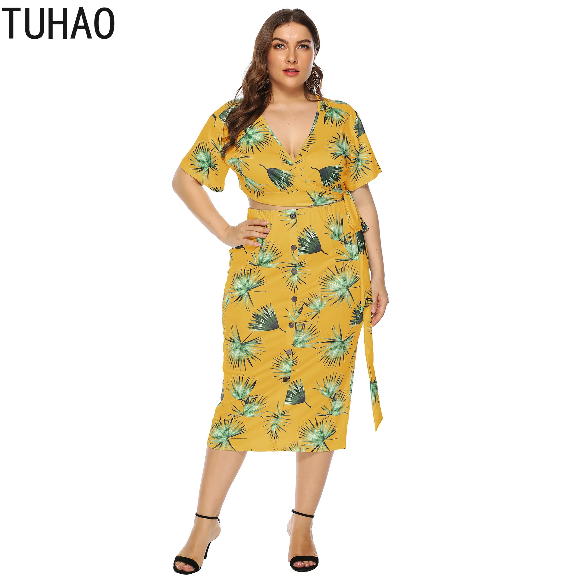 

TUHAO 2019 Summer Two-piece Suit Large-size 4XL 3XL Women Sets Bohemian Beach Female Two Piece Sets Print Blouse + Skirt LZ16