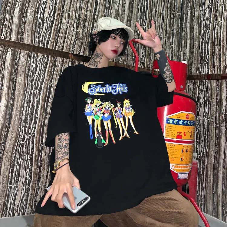 Poleras Mujer женская одежда корейский стиль Ulzzang Harajuku уличная Сейлор Мун Футболка женская Повседневная белая футболка Топы