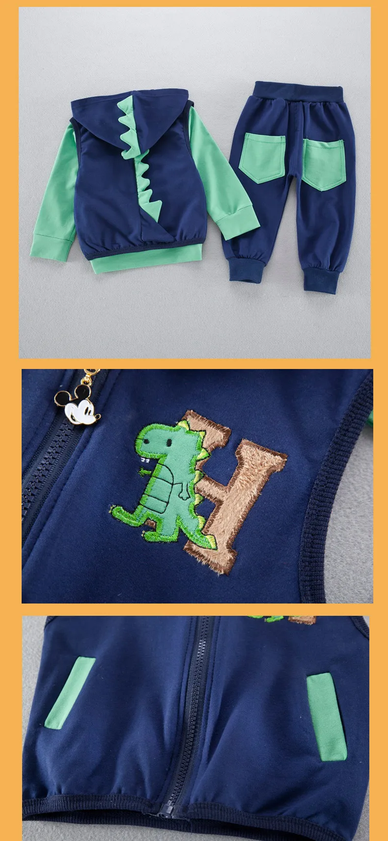 Весенне-осенний Детский костюм спортивный костюм с капюшоном для маленьких мальчиков, 3 предмета, для детей 1-3 лет, с рисунком динозавра