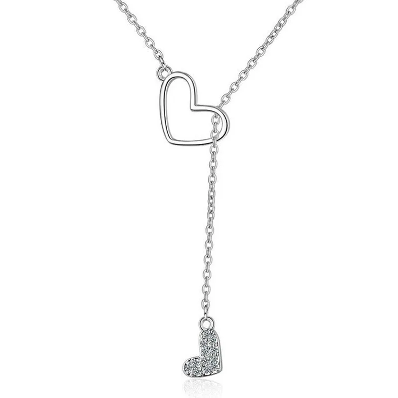 

Women Fashion 925 Silver Clear Zircon Heart Pendant Necklace For Girl Female Adjustable Short Clavicle Necklace Jewelry ND352