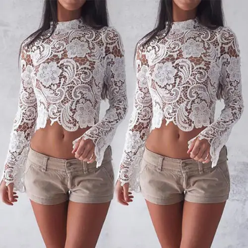 Casual Lace Women's Crop Top with Long Sleeves - Lace T-Shirt Tee image 3
