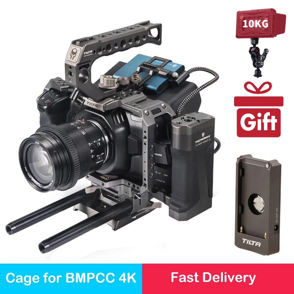

Tilta TA-T01-A-G Full Camera Cage Top Handle Wooden Side Handle F970 Battery Plate for Blackmagic Pocket BMPCC 4K Camera