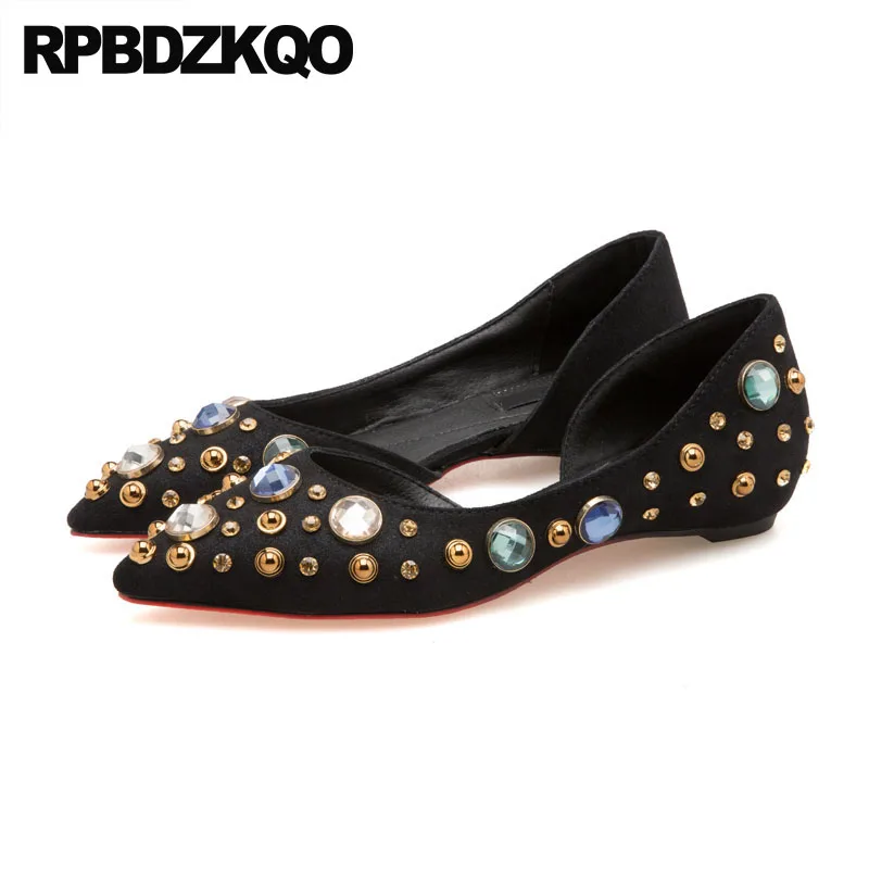 

Pointed Toe Black Italian Stud Flats Rhinestone Diamond Ladies Beautiful Shoes Elevator Height Increasing Rivet Metal Crystal