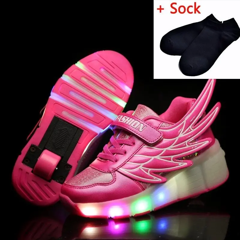 Модная обувь для мальчиков светящиеся кроссовки детские туфли со светодиодной подсветкой Детские кроссовки с колеса роликовые коньки обувь - Цвет: pink B085