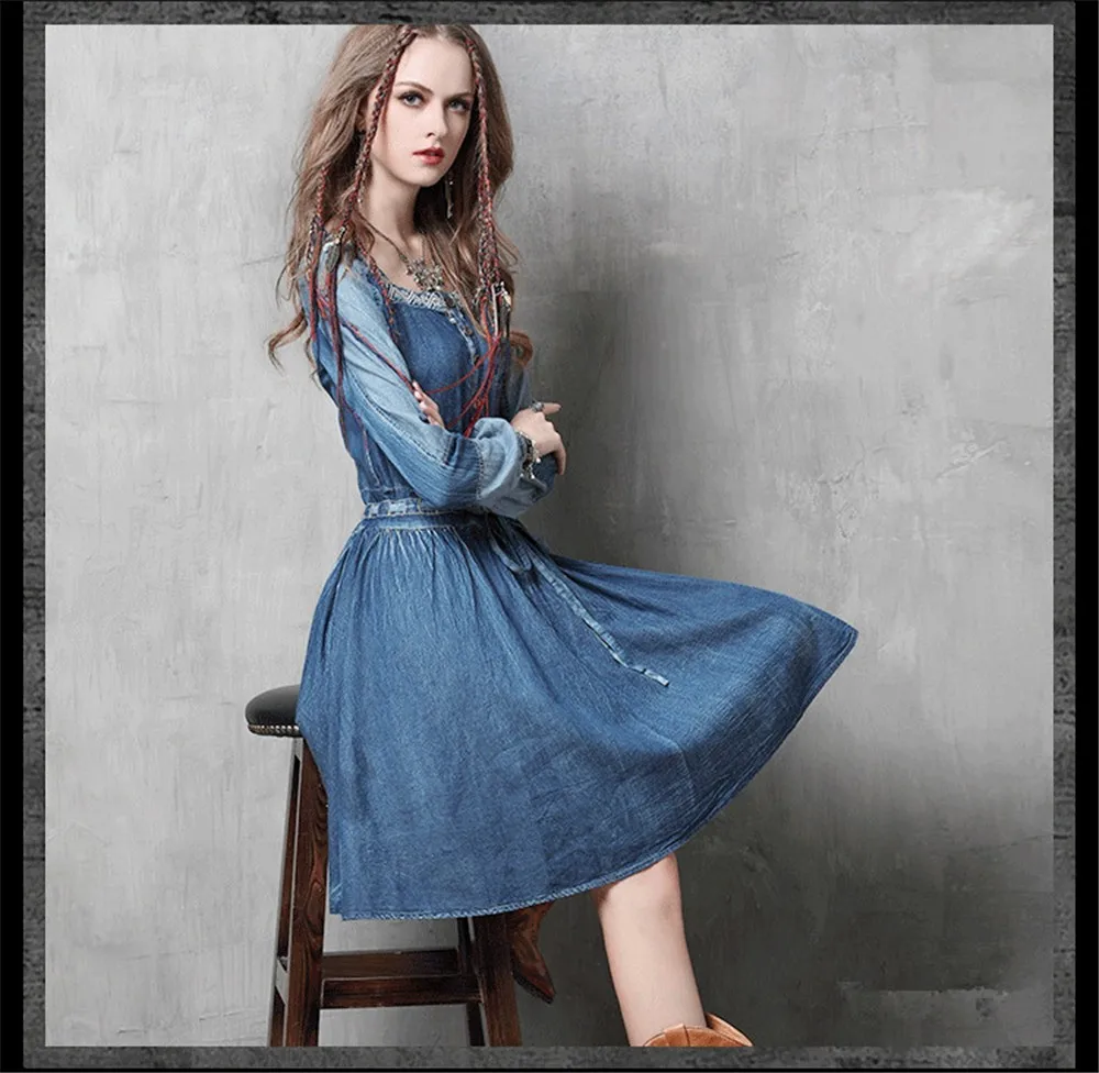 Vintage Cotton Women Dress Women's Cowgirl Embroidery Dress Long Puff Sleeve Dresses Drawstring Waist Cotton Vestidos Femininos (9)