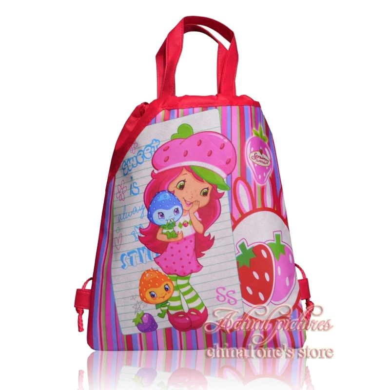 

Free Shipping 4pcs Strawberry girls school Cartoon Drawstring Backpack bag shopping Tote bags Non-woven fabrics Kids Party gift