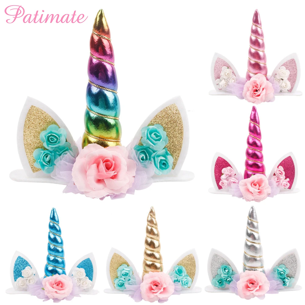 

PATIMATE Unicorn Horns Cake Topper Kids Birthday Cake Decor Halloween Wedding Party Supply Gold Favourite Unicornio Decoration