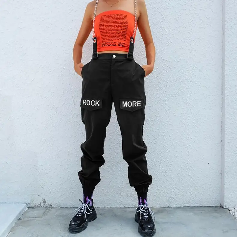 

Hip Hop Chains Patchwork Letter Embroidery Pants Women 2019 Elastic High Waist Black Pants Capris Trousers Female