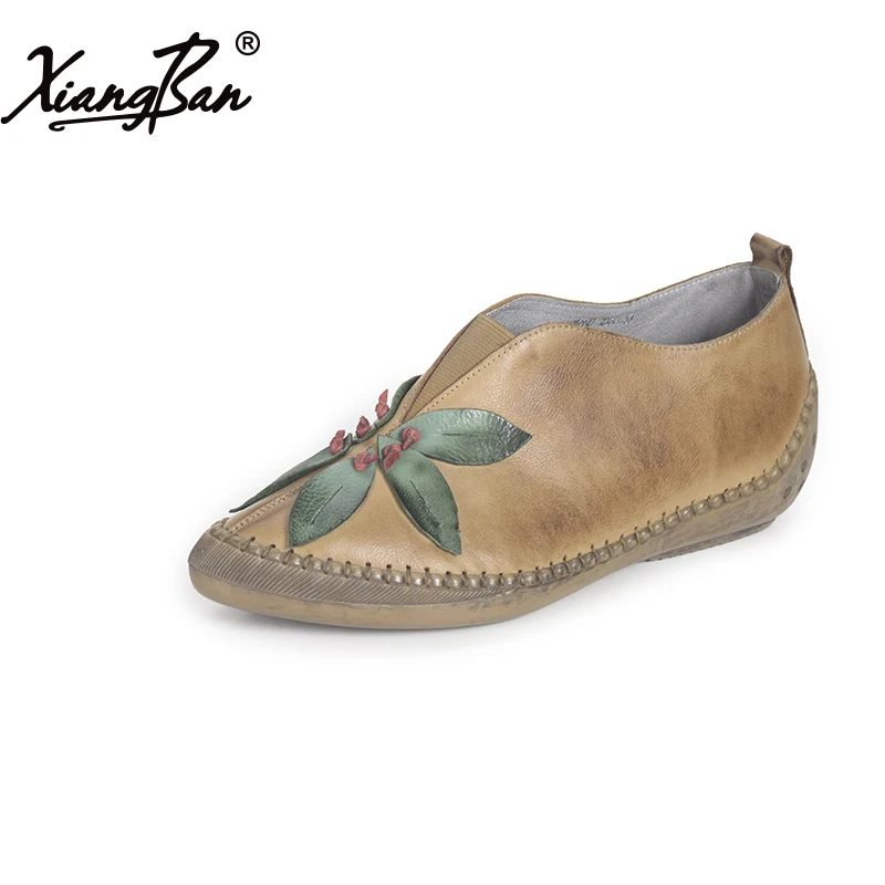 

Xiangban 2019 spring fall women leather shoes pointed handmade retro folk style flowers low heel shoes comfortable
