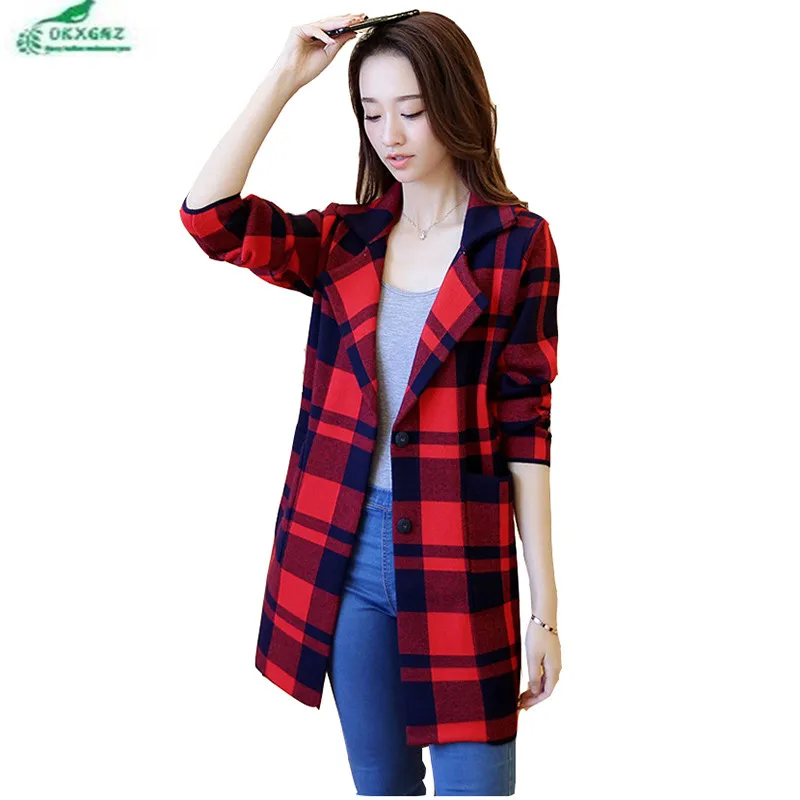 Autumn winter new knitted cardigan Outerwear women long large lattice stripes knitted cardigan Slim Coats Women