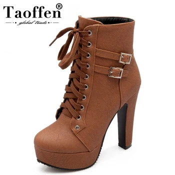 

TAOFFEN Plus Size 30-50 Ankle Boots Women Platform High Heels Shoes Lace Up Shoes Woman Buckle Short Boot Casual Ladies Footwear