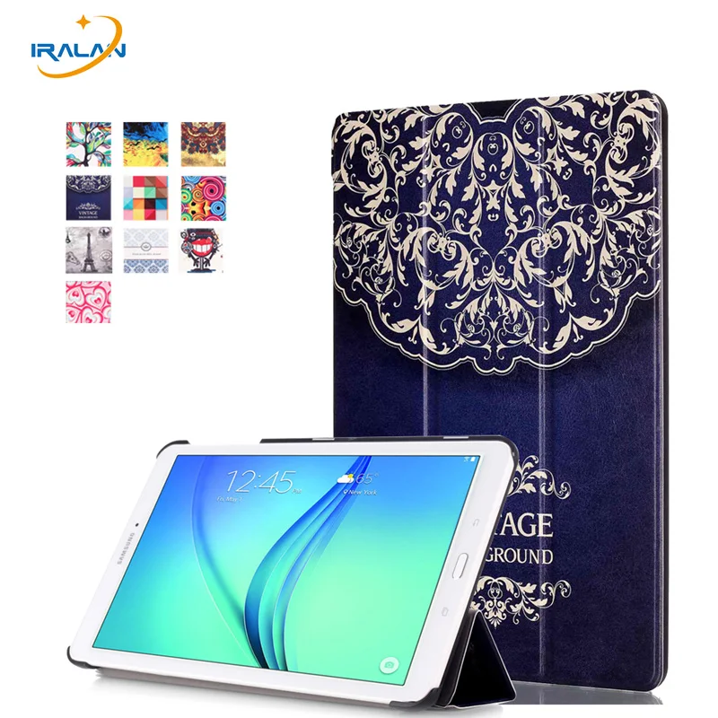 

Hot Leather Flip Case For Samsung Galaxy Tab E 9. 6 T560 T561 Painted Cover Case Ultra Slim Stand Smart Case+stylus+screen film