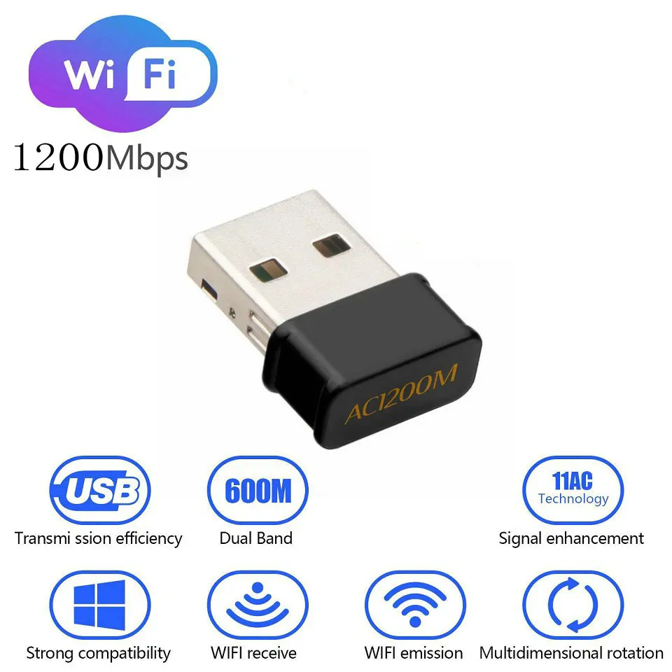 Мини USB 1200 Мбит/с Wifi адаптер Двухдиапазонная сетевая карта 5 ГГц 2 4 802.11AC