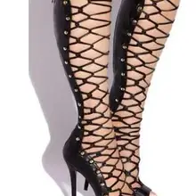 Женские Модные Дизайнерские Сапоги-гладиаторы до колена с открытым носком и ремешком; сандалии на высоком каблуке с вырезами; модельные туфли