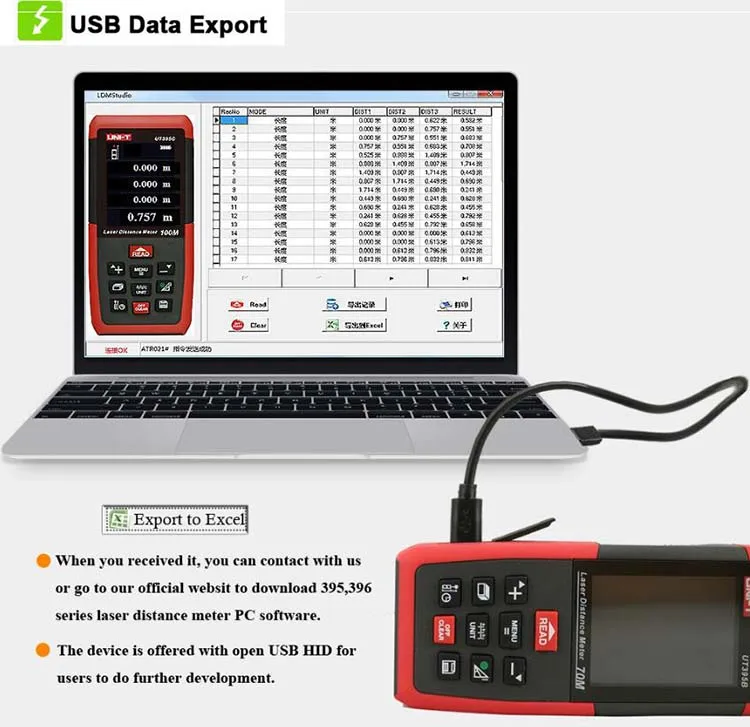 UNI-T лазерный дальномер USB 100 м 50 м 70 м дальномер UT395A UT395B UT395C Trena Лазерная профессиональная рулетка цифровой