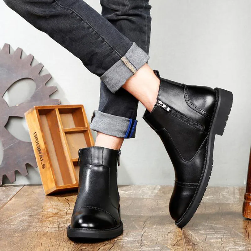 CMSOLO/ботинки «Челси»; Мужские Зимние ботильоны; Новинка; модные мужские ботинки из натуральной кожи на молнии; черная резиновая обувь в стиле ретро; ботинки «Челси»; Мужская Брендовая обувь - Цвет: Plush Black