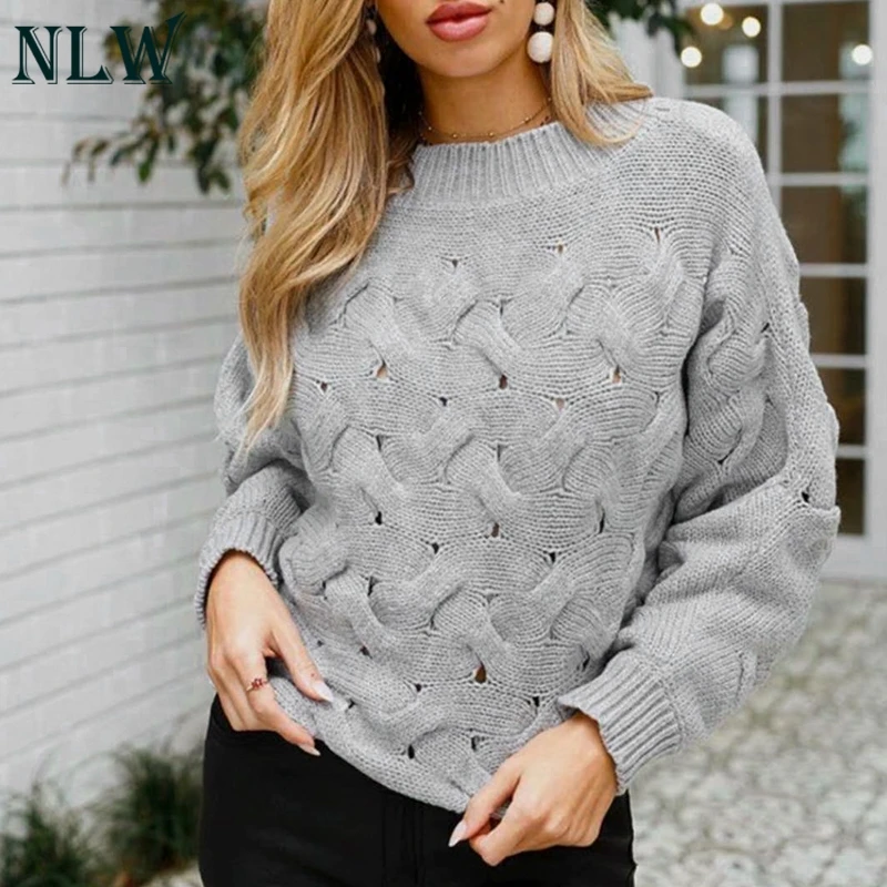 

NLW O-Neck Sweater Women 2019 Autumn Winter Vintage Kintted Sweater Gray Solid Women Sweaters And Pullovers Casual Knitwear