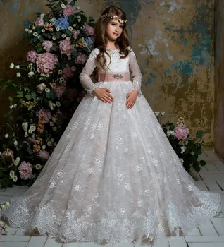 

Pink White Lace Bodice Tulle Ball Gown Kids Flower Girl Dresses Communion Gowns Kids Prom Puffy Tulle Ball Gown