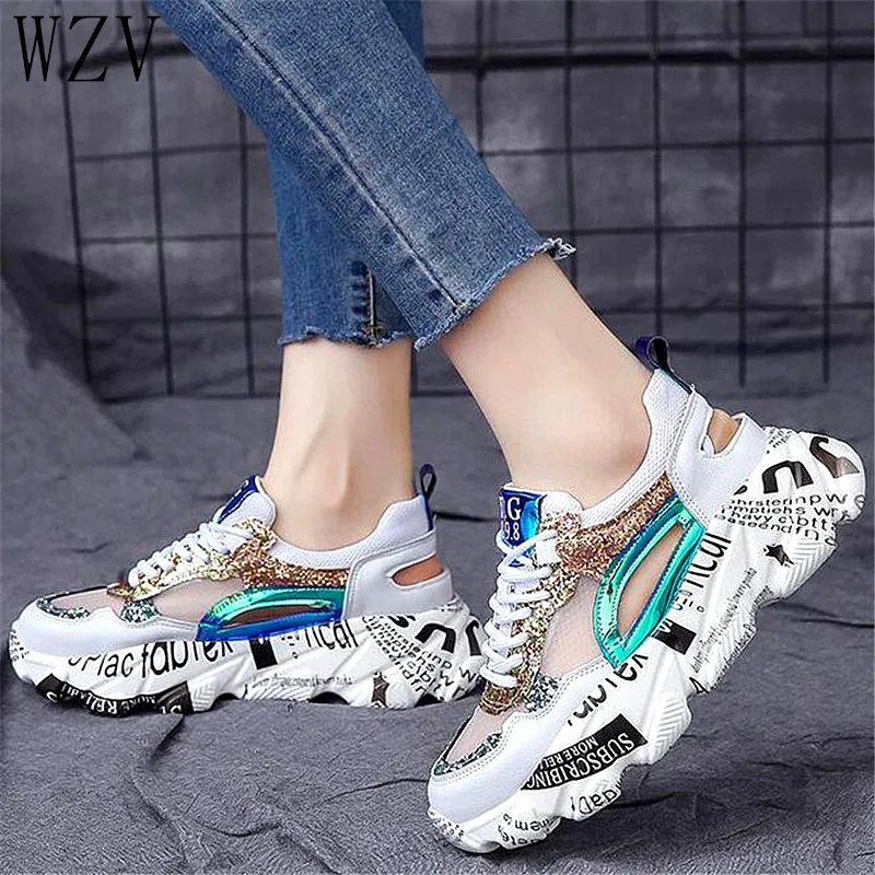

2019 Spring Female Thick Bottom Sneakers Mixed Colors Breathe Platform Shoes Women Flats Casual Shoes Ladies Running Shoes E949