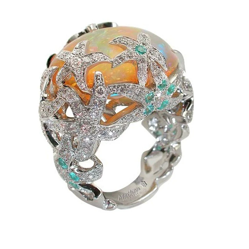 Модное Красивое обручальное кольцо с пентаграммой и морской звездой, серебряное кольцо с большим оранжевым огненным опалом, кольца для женщин, свадебные ювелирные изделия - Цвет основного камня: Белый