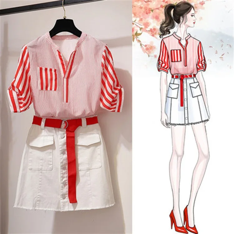 

ICHOIX striped shirt 2 pieces skirt sets summer white skirt two pieces outfits women 2 pieces sets with belt casual shirt suits