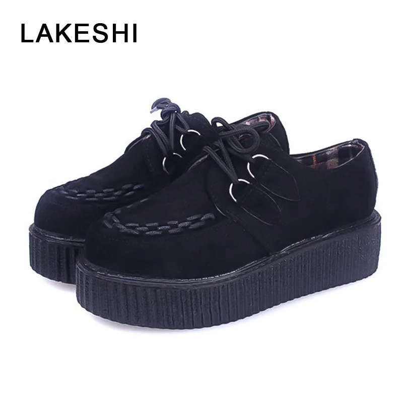 Creepers Women Shoes Flat Platform Shoes Black Women Casual Shoes Lace-Up Round Toe Creepers Female Shoes Large Plus Size 35 41