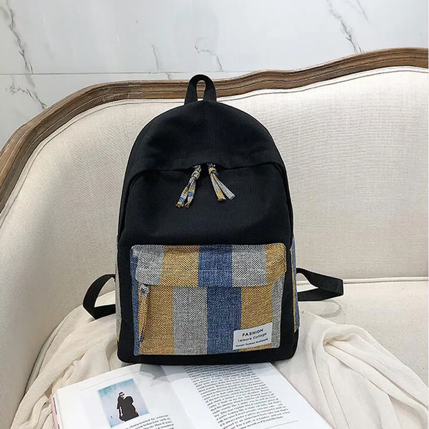 

Patchwork Stripe Men Canvas Backpack School bag for Boy Teenagers Book Student bag Daily back pack outdoor trip bag pack