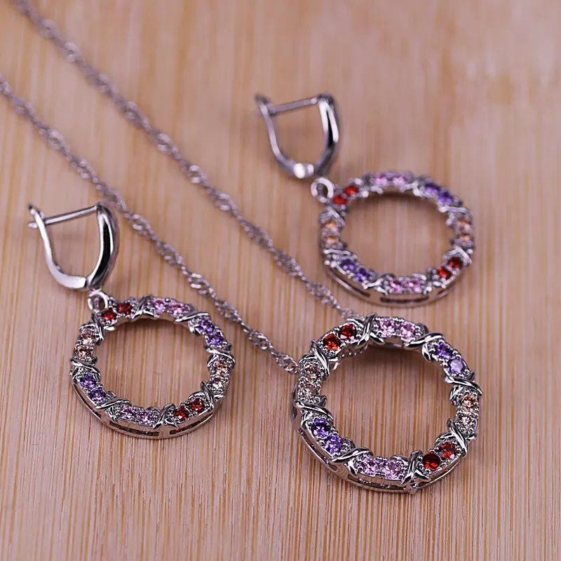 

Shinning Round Colorful CZ Crystal Pendant Jewelry Sets 925 Sterling Pendant Necklace+Drop Earring Sets For Present