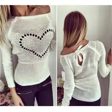 Young Ladies Back Bow Tops Off Shoulder Sweet Heart Patchwork Back Hollow Solid O Neck Long Sleeves Pullovers Knitted Sweater
