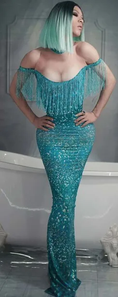 6 цветов, женское сексуальное длинное платье с кисточками, полностью сверкающий кристалл, вечерние костюмы для ночного клуба - Цвет: Бирюзовый