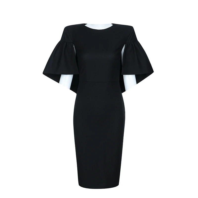 INDRESSME, новинка, модное Клубное платье с круглым вырезом и рюшами, Короткий плащ, рукав, женские вечерние платья, облегающее платье миди, фиолетовое платье для офисных леди - Цвет: Black