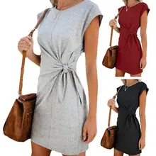 Women Short Sleeve Summer Loose Casual Mini Dress Lace Up Tie Waist Solid Color O-Neck Twist Knot Plain T Shirt Party Sundress bishop sleeve knot back plain bodysuit