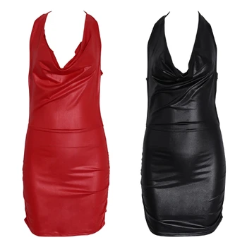 

Women Sexy Black And Red Wet Look Backless Bandage Faux Leather Bodycon