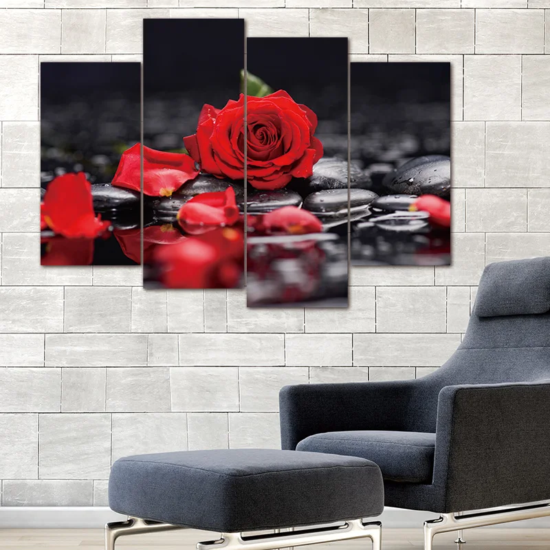 4-Pieces-set-Canvas-Print-Flower-White-Lotus-In-Black-Wall-Art-Picture-with-Modern-Wall (2)