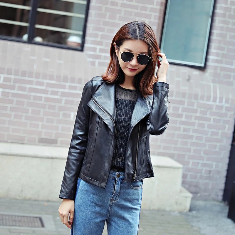

Factory 2018 New Women Blacke Genuine Leather Jacket Fashion Spring Laper Sheepskin Jackets Cheap Sale M-XXL