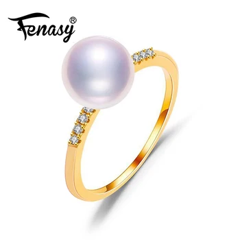 

FENASY Brand 18K Yellow Gold Wedding Rings 6-7mm Round Natural Pearl Ring For Love Bohemia Women Rings Engagement Ring