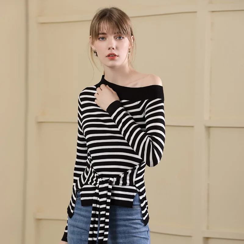 Striped one off shoulder elastic knit pullovers sweater shirts 2018 new long sleeve women autumn sweater