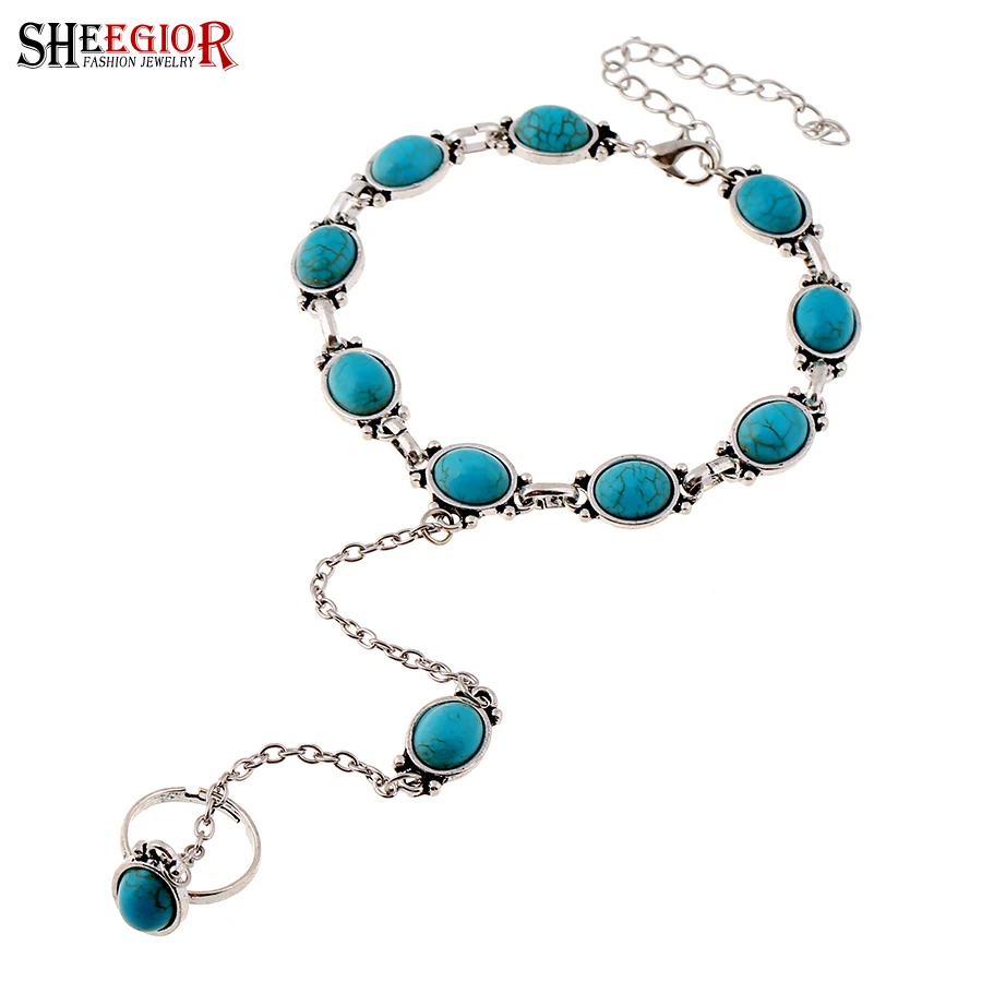 

SHEEGIOR Vintage Gold/Silver color Chains Bracelet Femme Bohemian Blue Bead Charm Bracelets Bangles for Women Wrist Finger Gifts