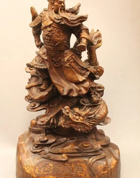 

20" China Chinese Bronze Stand Dragon Warrior Guan Gong Yu God & Sword Statue