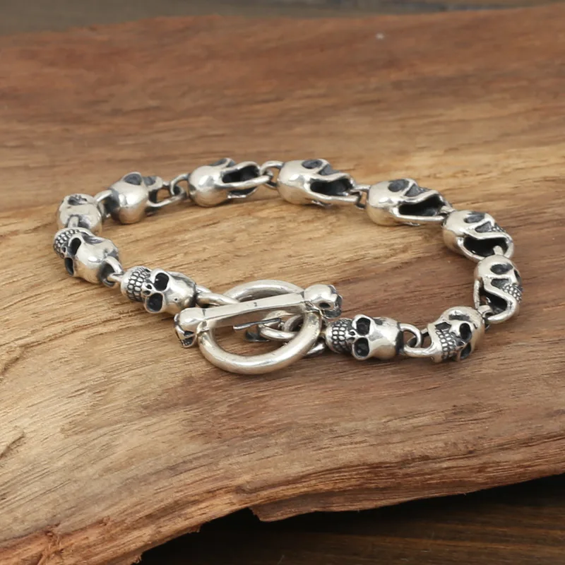 

Wholesale S925 Sterling Silver Jewelry Men Fashion Handmade Retro Thai Silver Skeleton Trumpet Bracelet