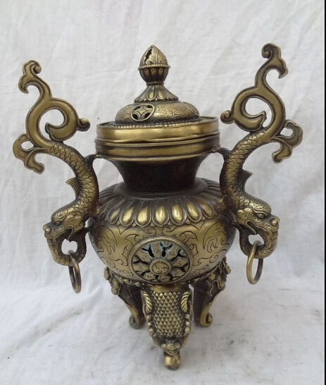 

006973 12" Tibet Bronze Buddhism FengShui Fly Dragon Head Statue Incense Burner Censer