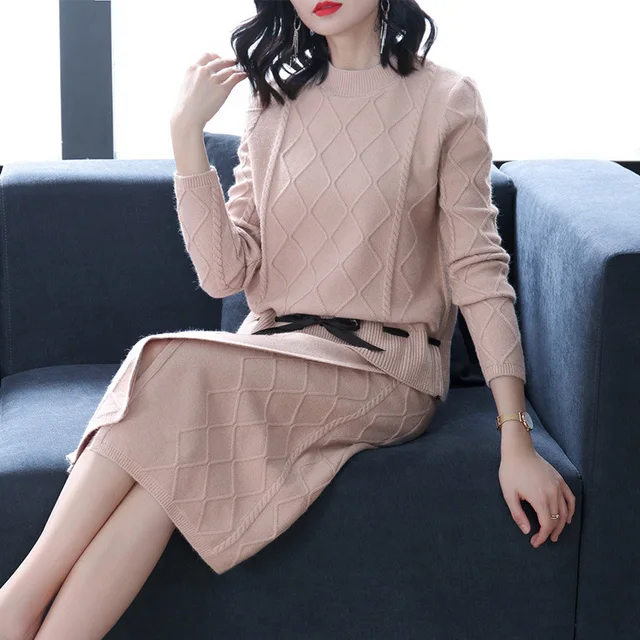 Cheap Skirt suit female 2018 autumn and winter new women's fashion elegant lace knit sweater + high waist skirt two-piece suit