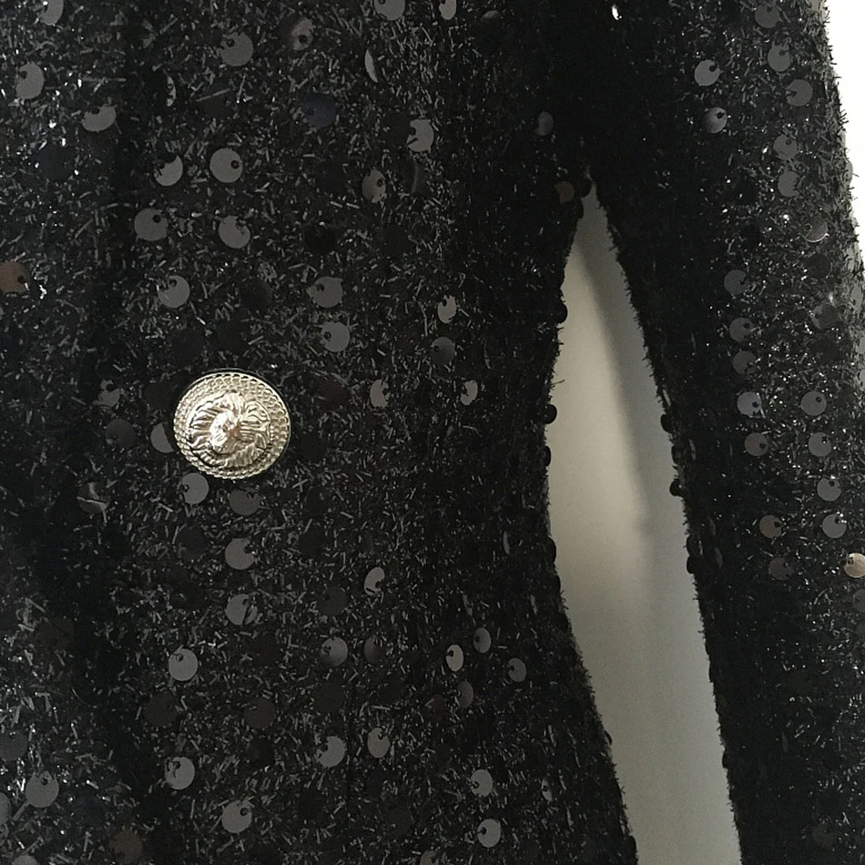 Удлиненный пиджак Высокое качество Мода дизайнерский Блейзер Женский двойной Лев шаль на пуговицах воротник Блестящий блестками длинный Подиум черный блейзеры