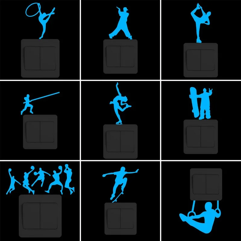 

Funny Cartoon Sports Glow Wall Switch Sticker Girl Gymnast/Breakdance/Pole Vaulter/Ice Skating/Snowboarder/Basketball Players