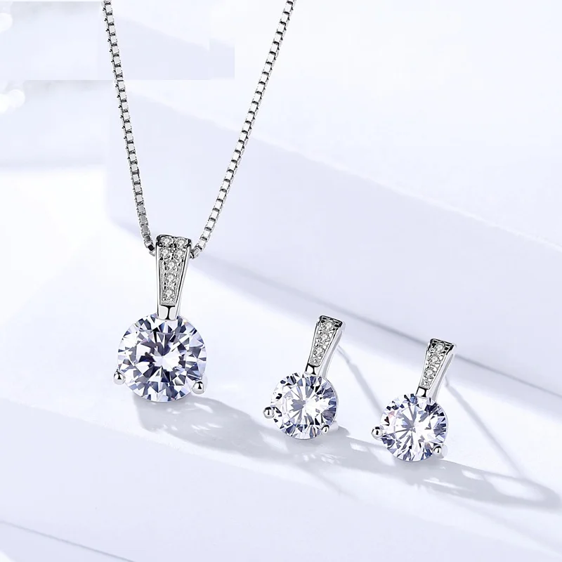 

Fine Jewelry Genuine 925 Sterling Silver single-diamond Pendant women's simple fashion Pendant necklace earring studs women