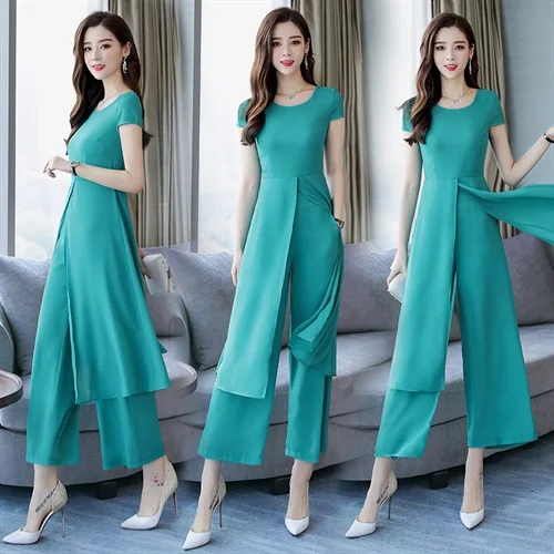 

2019 Summer New Women long tops Shirt+wide leg pants Sets Lady 2 Two Pieces Elegant short sleeve split blouse and trousers Suits